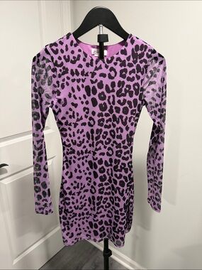 NWOT Lovers + Friends Sasha Purple lined Leopard Print Dress with sheer sleeves